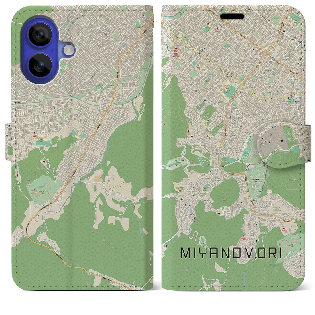 【宮の森（北海道）】地図柄iPhoneケース（手帳タイプ）ナチュラル・iPhone 16 Pro Max 用