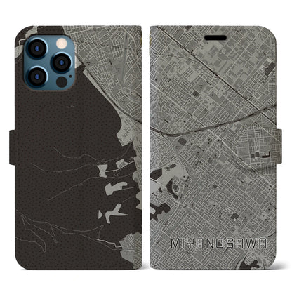 【宮の沢（北海道）】地図柄iPhoneケース（手帳タイプ）モノトーン・iPhone 12 / 12 Pro 用