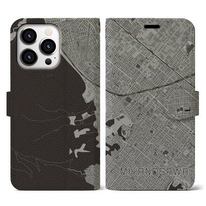 【宮の沢（北海道）】地図柄iPhoneケース（手帳タイプ）モノトーン・iPhone 13 Pro 用