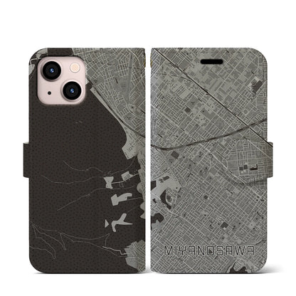 【宮の沢（北海道）】地図柄iPhoneケース（手帳タイプ）モノトーン・iPhone 13 mini 用