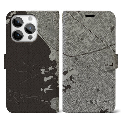 【宮の沢（北海道）】地図柄iPhoneケース（手帳タイプ）モノトーン・iPhone 14 Pro 用