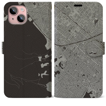 【宮の沢（北海道）】地図柄iPhoneケース（手帳タイプ）モノトーン・iPhone 15 Plus 用