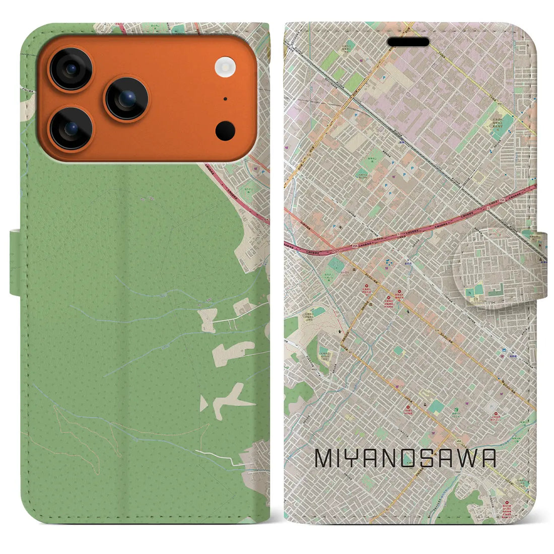 【宮の沢(北海道)】地図柄iPhoneケース(手帳タイプ)モノトーン・iPhone 17 Pro Max 用