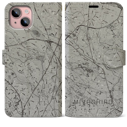 【宮代（埼玉県）】地図柄iPhoneケース（手帳タイプ）モノトーン・iPhone 15 Plus 用
