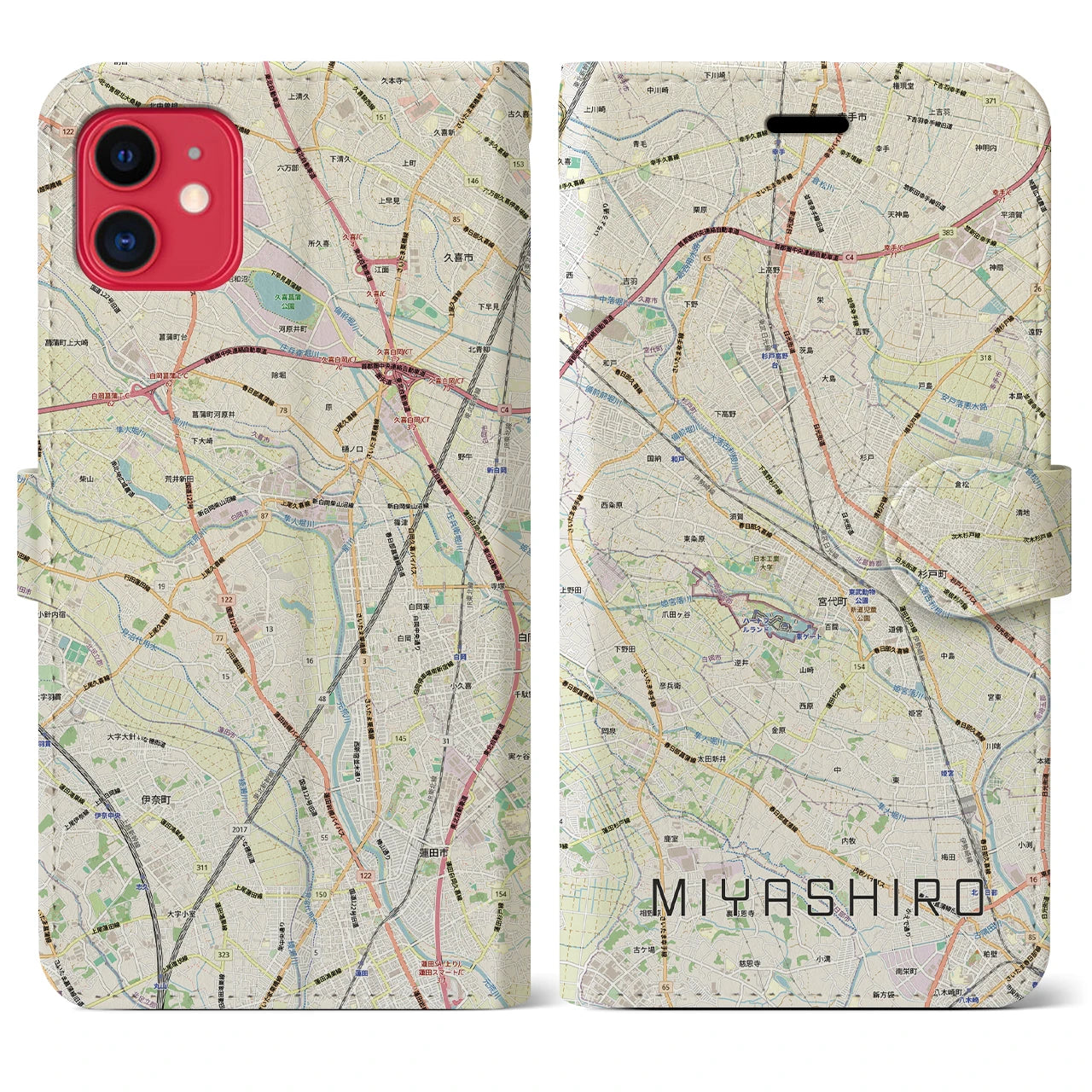 【宮代（埼玉県）】地図柄iPhoneケース（手帳タイプ）ナチュラル・iPhone 11 用