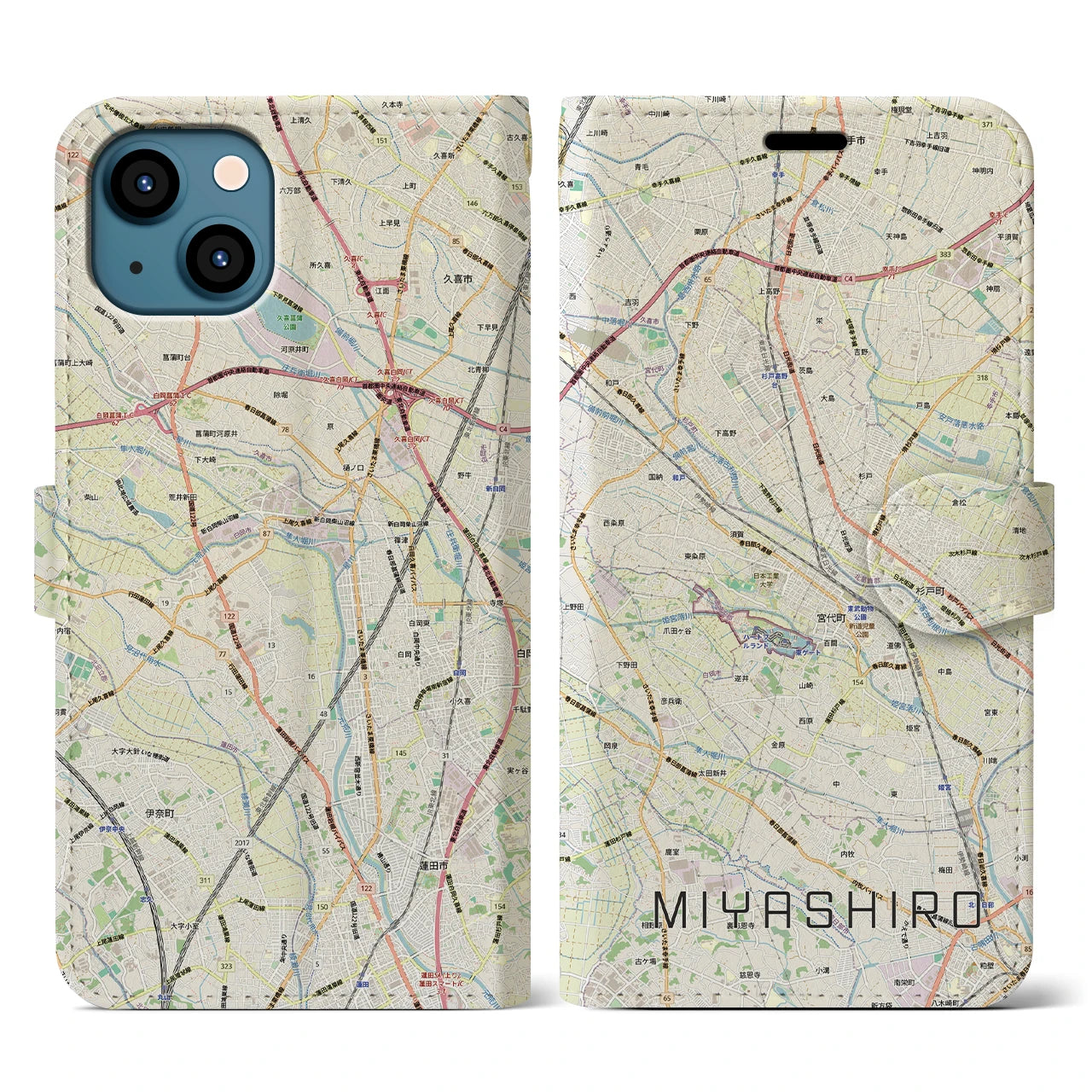 【宮代（埼玉県）】地図柄iPhoneケース（手帳タイプ）ナチュラル・iPhone 13 用