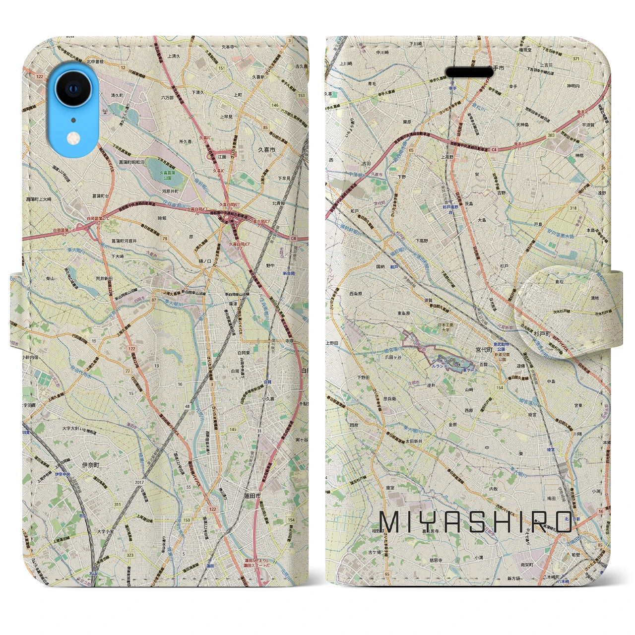 【宮代（埼玉県）】地図柄iPhoneケース（手帳タイプ）ナチュラル・iPhone XR 用