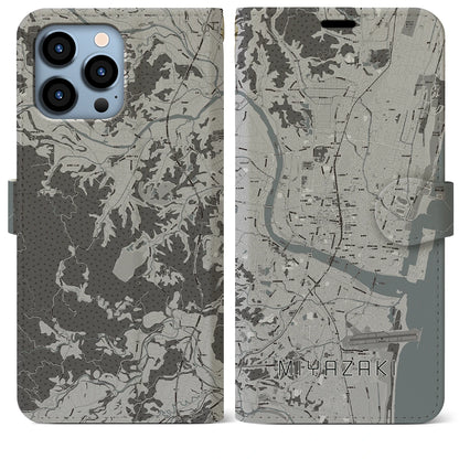 【宮崎2（宮崎県）】地図柄iPhoneケース（手帳タイプ）モノトーン・iPhone 13 Pro Max 用