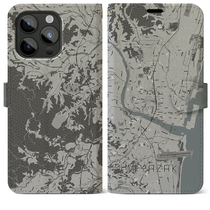 【宮崎2（宮崎県）】地図柄iPhoneケース（手帳タイプ）モノトーン・iPhone 15 Pro Max 用