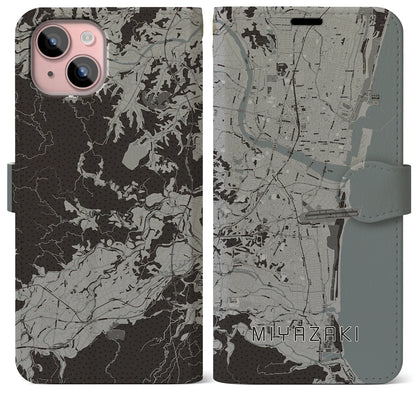 【宮崎（宮崎県）】地図柄iPhoneケース（手帳タイプ）モノトーン・iPhone 15 Plus 用