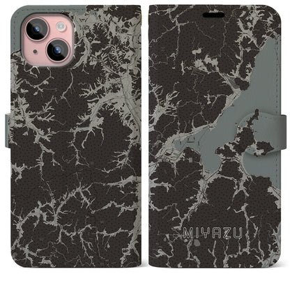 【宮津（京都府）】地図柄iPhoneケース（手帳タイプ）モノトーン・iPhone 15 Plus 用