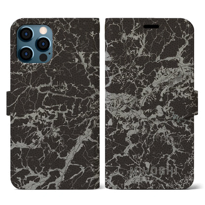 【三次（広島県）】地図柄iPhoneケース（手帳タイプ）モノトーン・iPhone 12 / 12 Pro 用