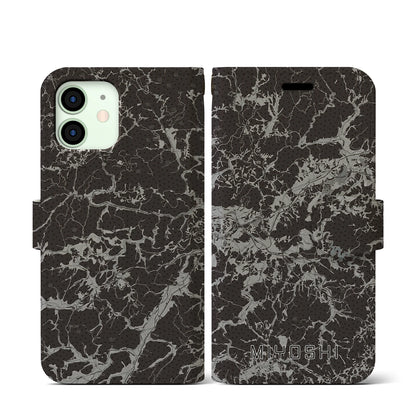 【三次（広島県）】地図柄iPhoneケース（手帳タイプ）モノトーン・iPhone 12 mini 用