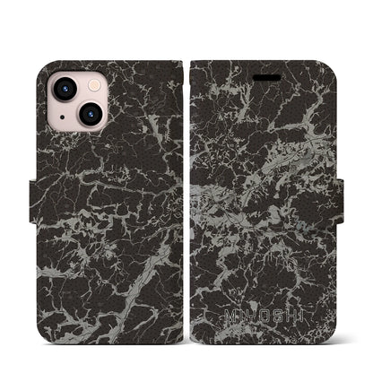 【三次（広島県）】地図柄iPhoneケース（手帳タイプ）モノトーン・iPhone 13 mini 用