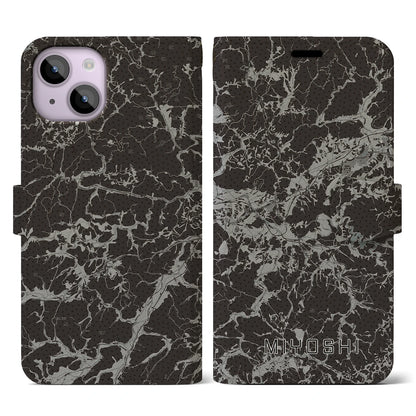 【三次（広島県）】地図柄iPhoneケース（手帳タイプ）モノトーン・iPhone 14 用