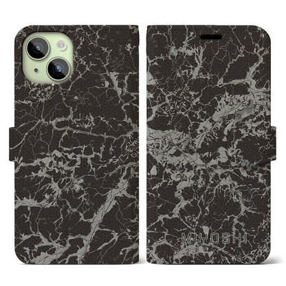 【三次（広島県）】地図柄iPhoneケース（手帳タイプ）モノトーン・iPhone 15 用