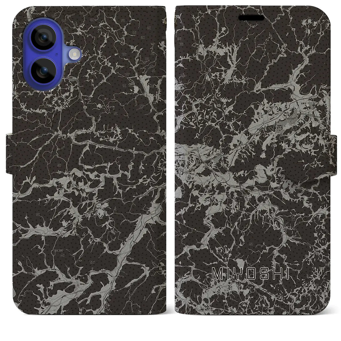 【三次(広島県)】地図柄iPhoneケース(手帳タイプ)モノトーン・iPhone 16 Pro Max 用