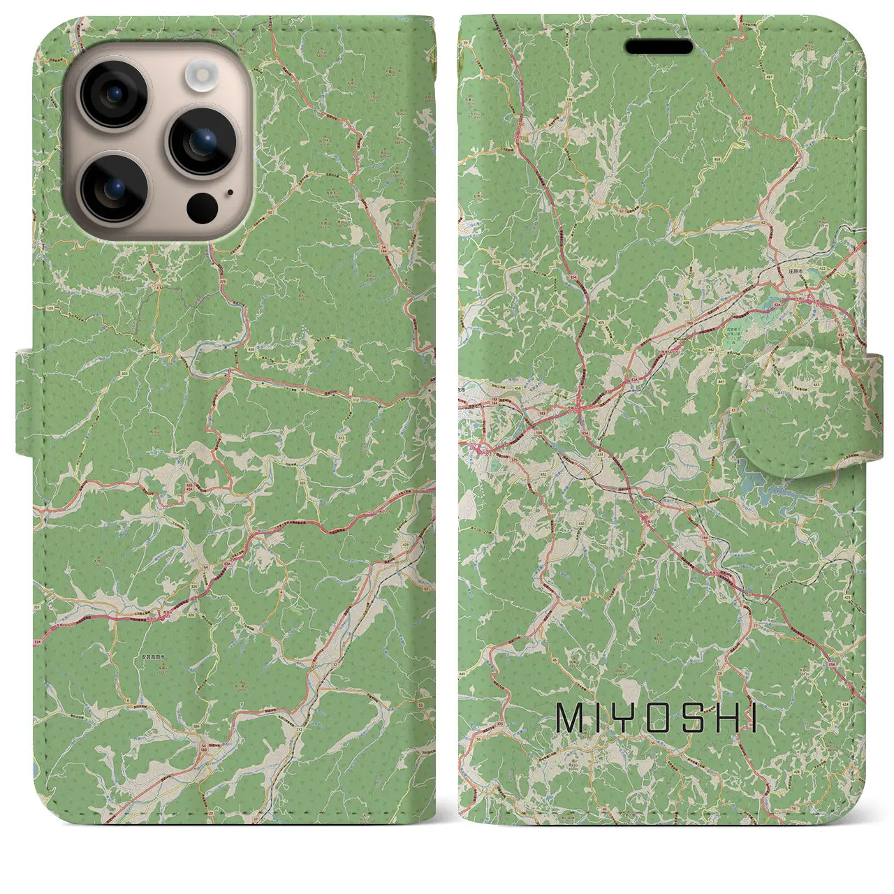 【三次（広島県）】地図柄iPhoneケース（手帳タイプ）ナチュラル・iPhone 16 Plus 用