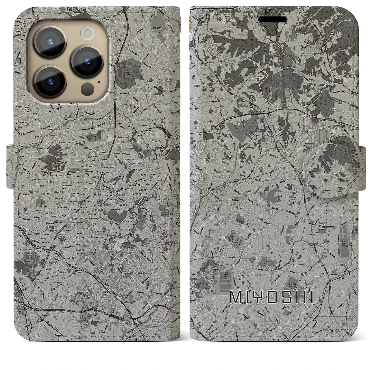 【みよし】地図柄iPhoneケース（手帳両面タイプ・モノトーン）iPhone 14 Pro Max 用