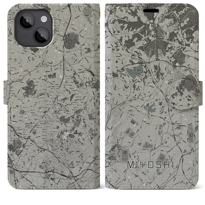 【みよし（愛知県）】地図柄iPhoneケース（手帳タイプ）モノトーン・iPhone 14 Plus 用