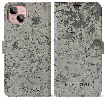 【みよし（愛知県）】地図柄iPhoneケース（手帳タイプ）モノトーン・iPhone 15 Plus 用