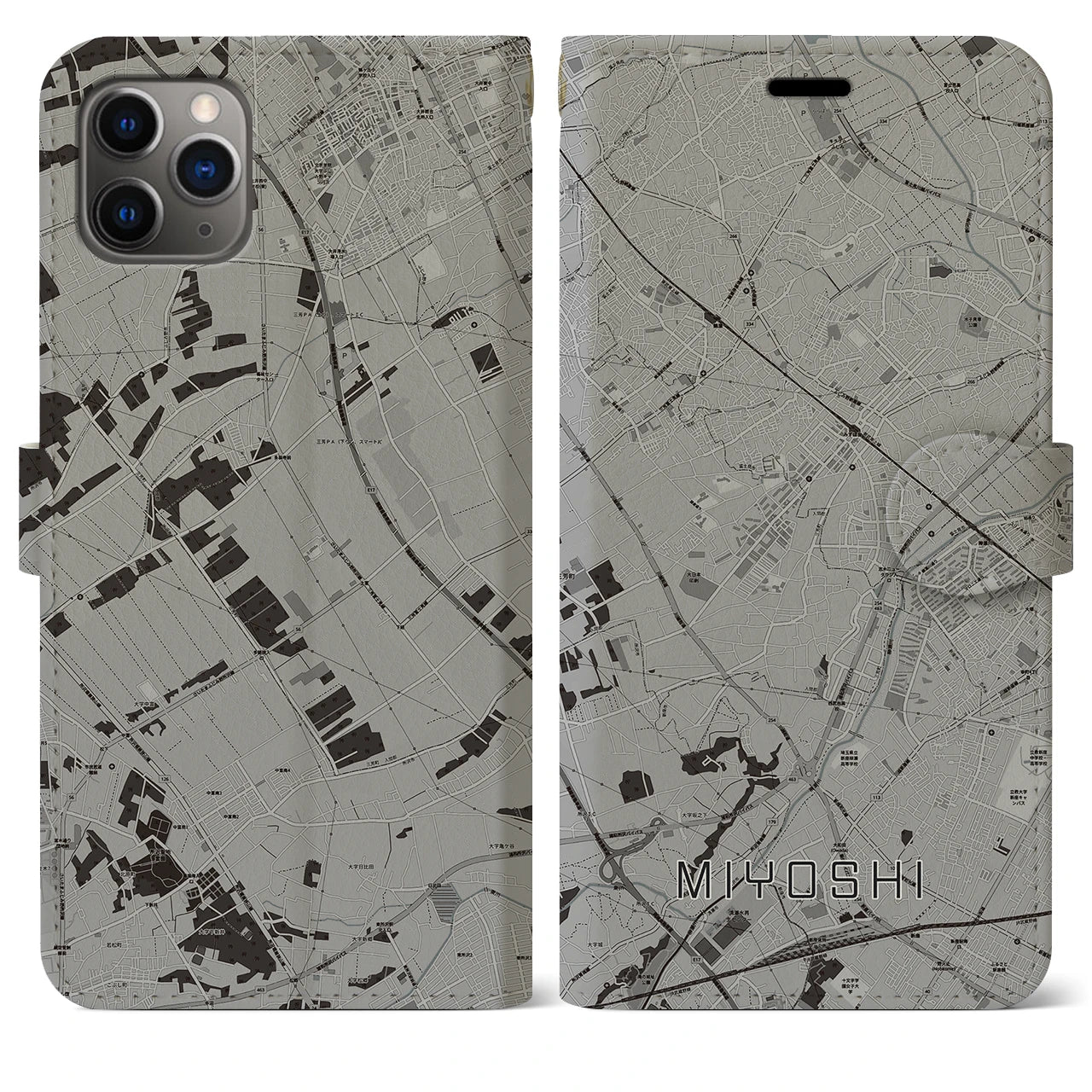 【三芳】地図柄iPhoneケース（手帳両面タイプ・モノトーン）iPhone 11 Pro Max 用