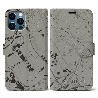 【三芳（埼玉県）】地図柄iPhoneケース（手帳タイプ）モノトーン・iPhone 12 / 12 Pro 用