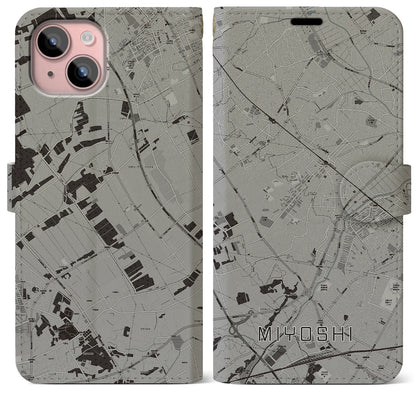 【三芳（埼玉県）】地図柄iPhoneケース（手帳タイプ）モノトーン・iPhone 15 Plus 用