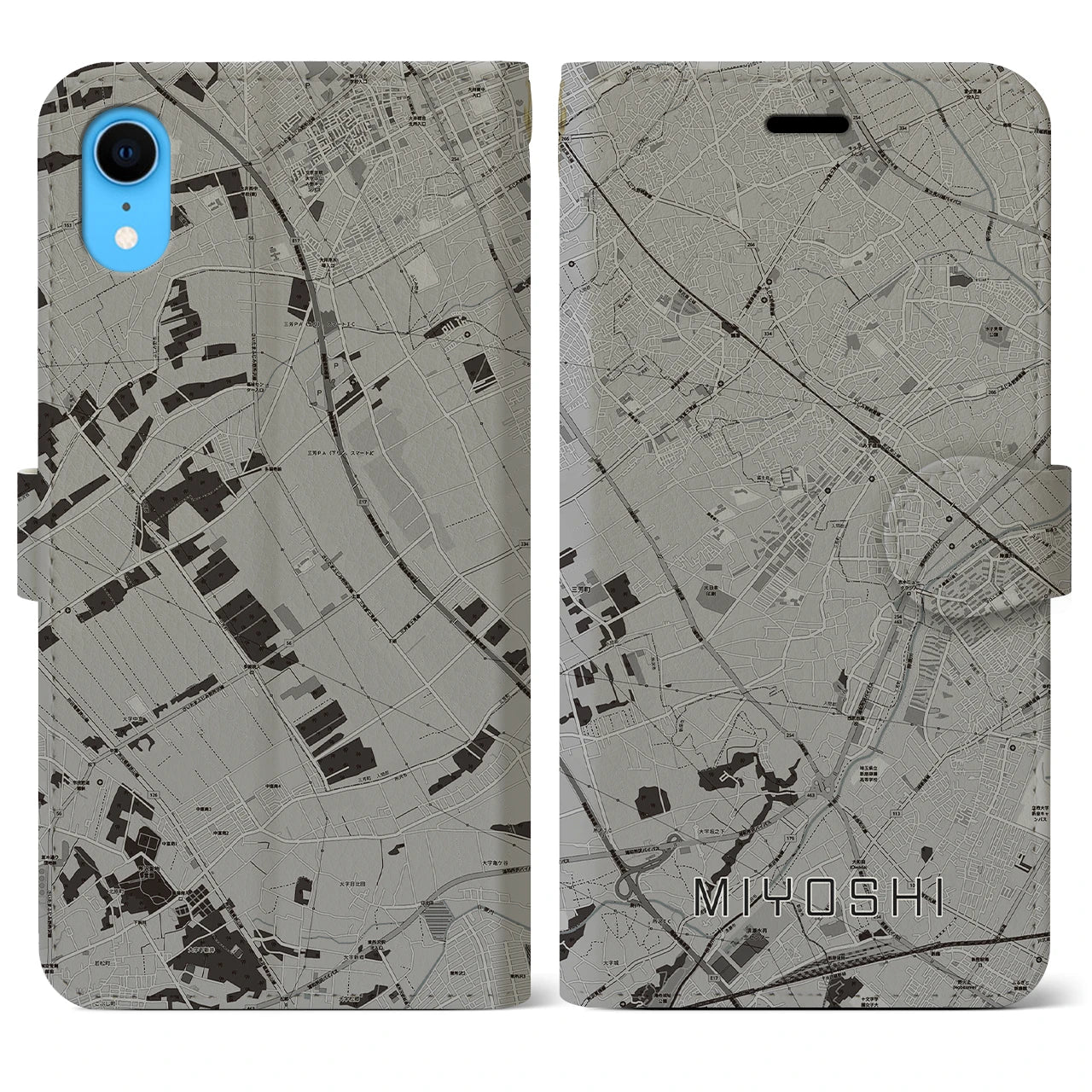 【三芳】地図柄iPhoneケース（手帳両面タイプ・モノトーン）iPhone XR 用