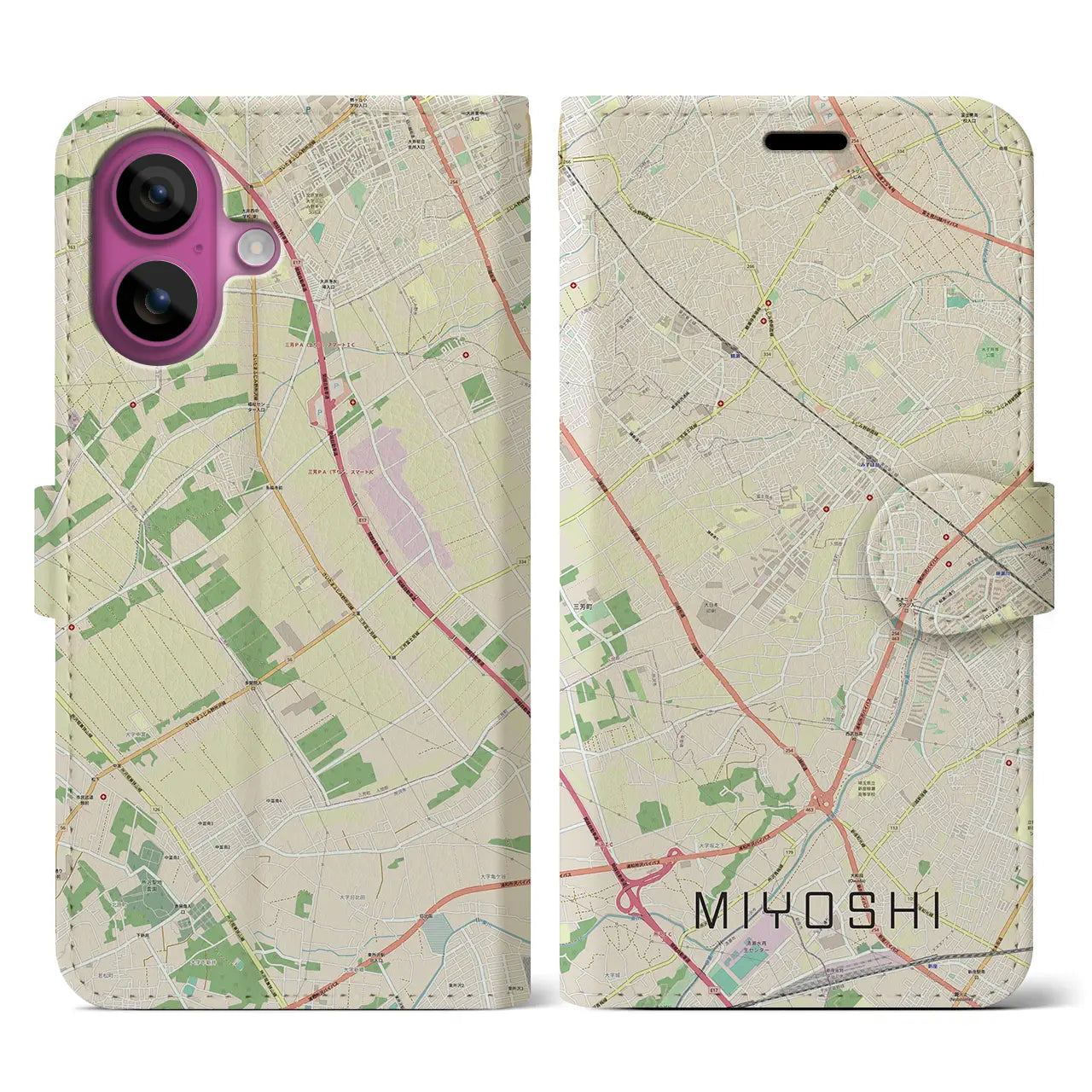 【三芳（埼玉県）】地図柄iPhoneケース（手帳タイプ）ナチュラル・iPhone 16 Pro 用