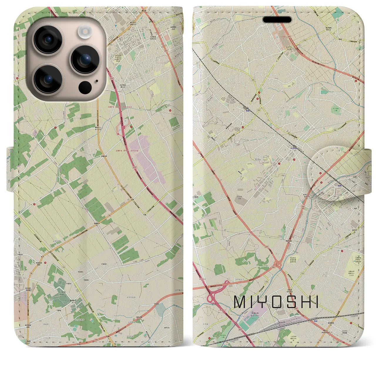 【三芳（埼玉県）】地図柄iPhoneケース（手帳タイプ）ナチュラル・iPhone 16 Plus 用