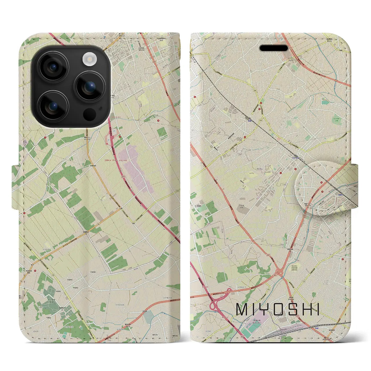 【三芳（埼玉県）】地図柄iPhoneケース（手帳タイプ）ナチュラル・iPhone 16 用