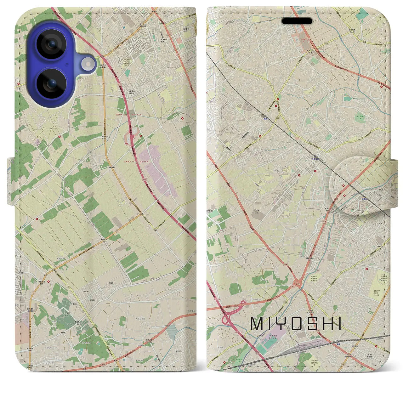 【三芳（埼玉県）】地図柄iPhoneケース（手帳タイプ）ナチュラル・iPhone 16 Pro Max 用