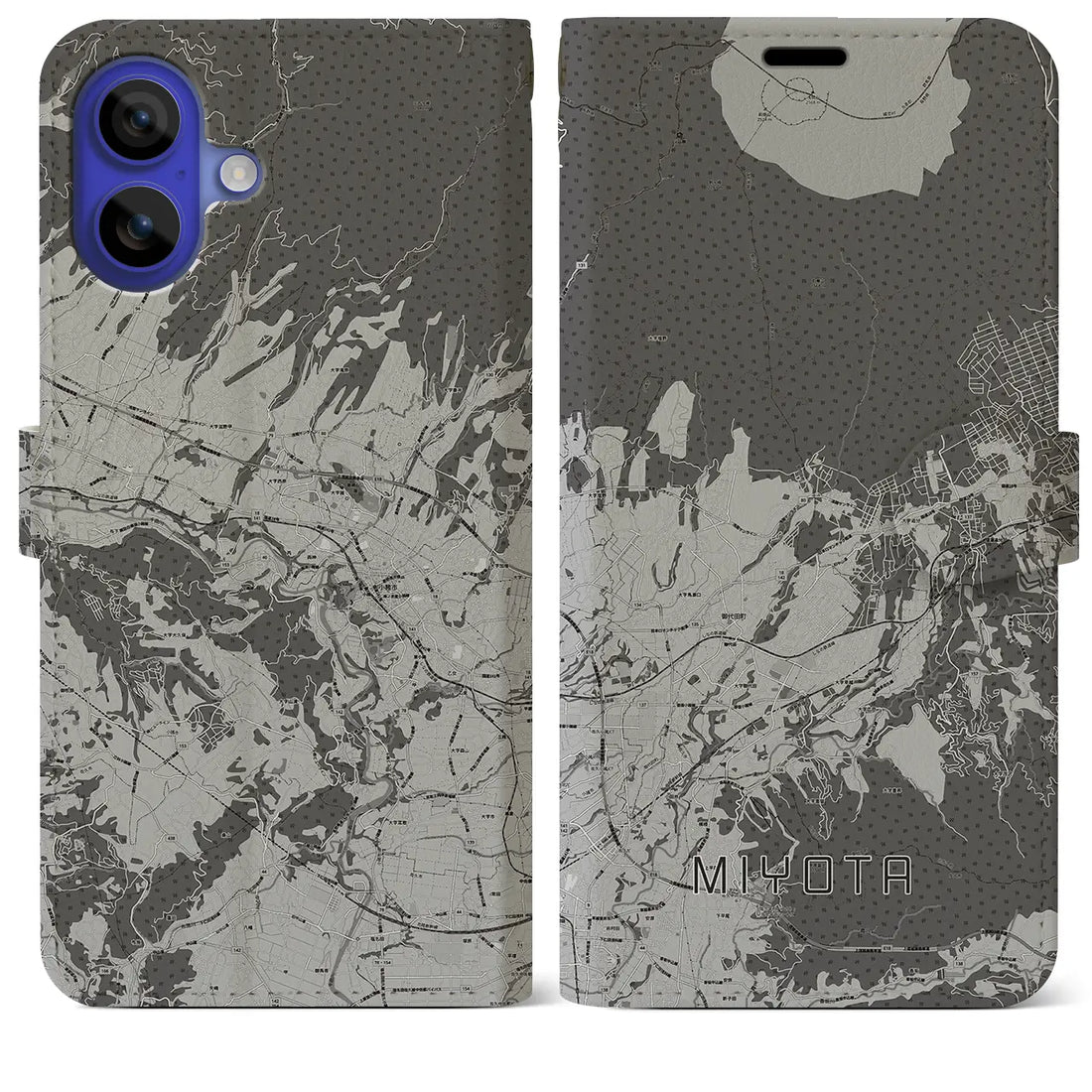 【御代田(長野県)】地図柄iPhoneケース(手帳タイプ)モノトーン・iPhone 16 Pro Max 用