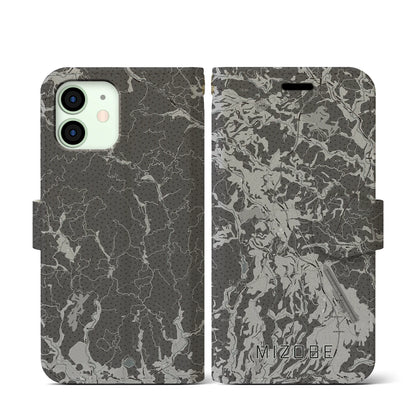 【溝辺（鹿児島県）】地図柄iPhoneケース（手帳タイプ）モノトーン・iPhone 12 mini 用