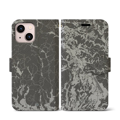 【溝辺（鹿児島県）】地図柄iPhoneケース（手帳タイプ）モノトーン・iPhone 13 mini 用