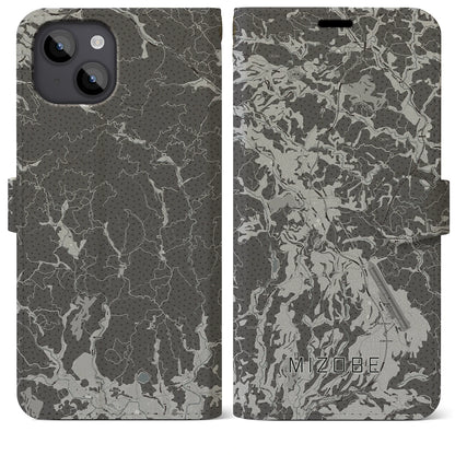 【溝辺（鹿児島県）】地図柄iPhoneケース（手帳タイプ）モノトーン・iPhone 14 Plus 用