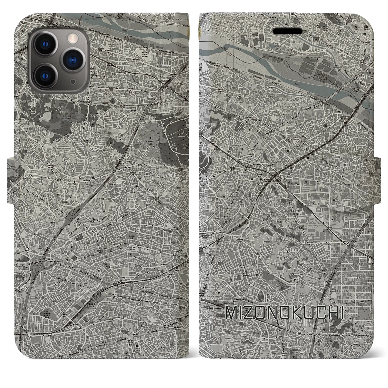 【溝の口】地図柄iPhoneケース（手帳両面タイプ・モノトーン）iPhone 11 Pro Max 用