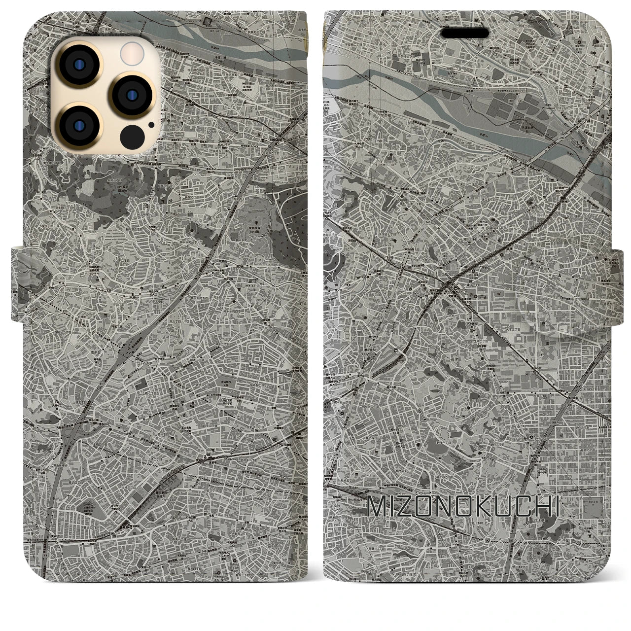 【溝の口】地図柄iPhoneケース（手帳両面タイプ・モノトーン）iPhone 12 Pro Max 用