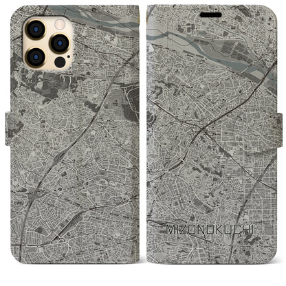 【溝の口（神奈川県）】地図柄iPhoneケース（手帳タイプ）モノトーン・iPhone 12 Pro Max 用