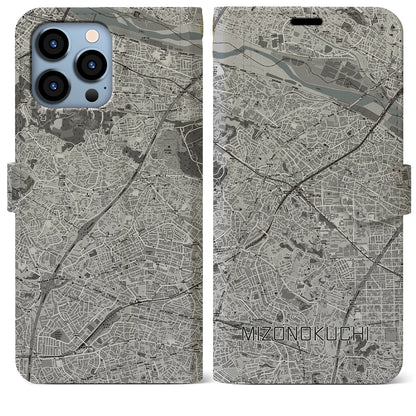 【溝の口（神奈川県）】地図柄iPhoneケース（手帳タイプ）モノトーン・iPhone 13 Pro Max 用