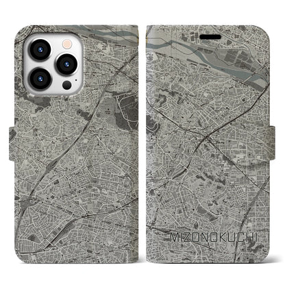 【溝の口（神奈川県）】地図柄iPhoneケース（手帳タイプ）モノトーン・iPhone 13 Pro 用