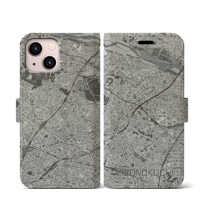 【溝の口（神奈川県）】地図柄iPhoneケース（手帳タイプ）モノトーン・iPhone 13 mini 用