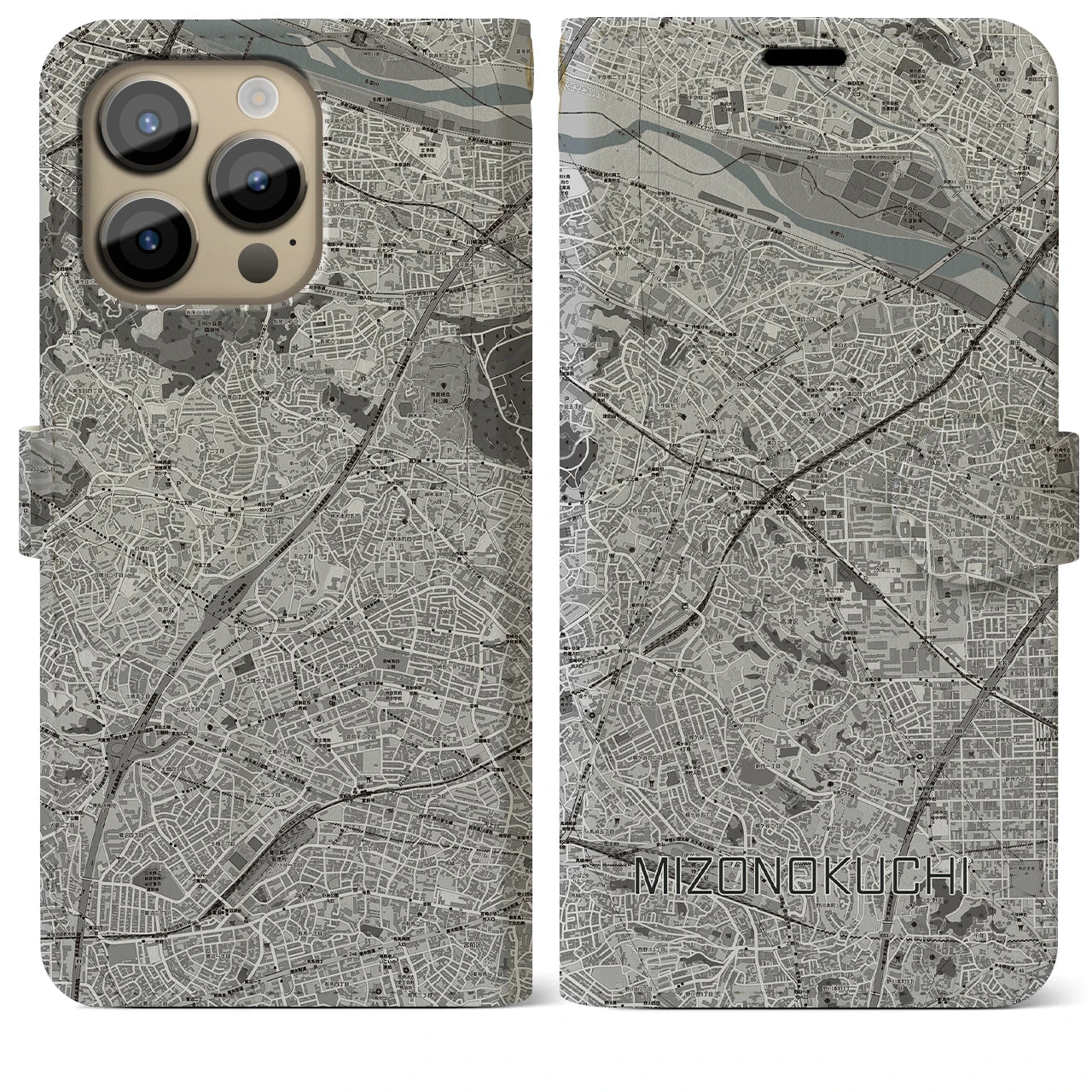 【溝の口】地図柄iPhoneケース（手帳両面タイプ・モノトーン）iPhone 14 Pro Max 用