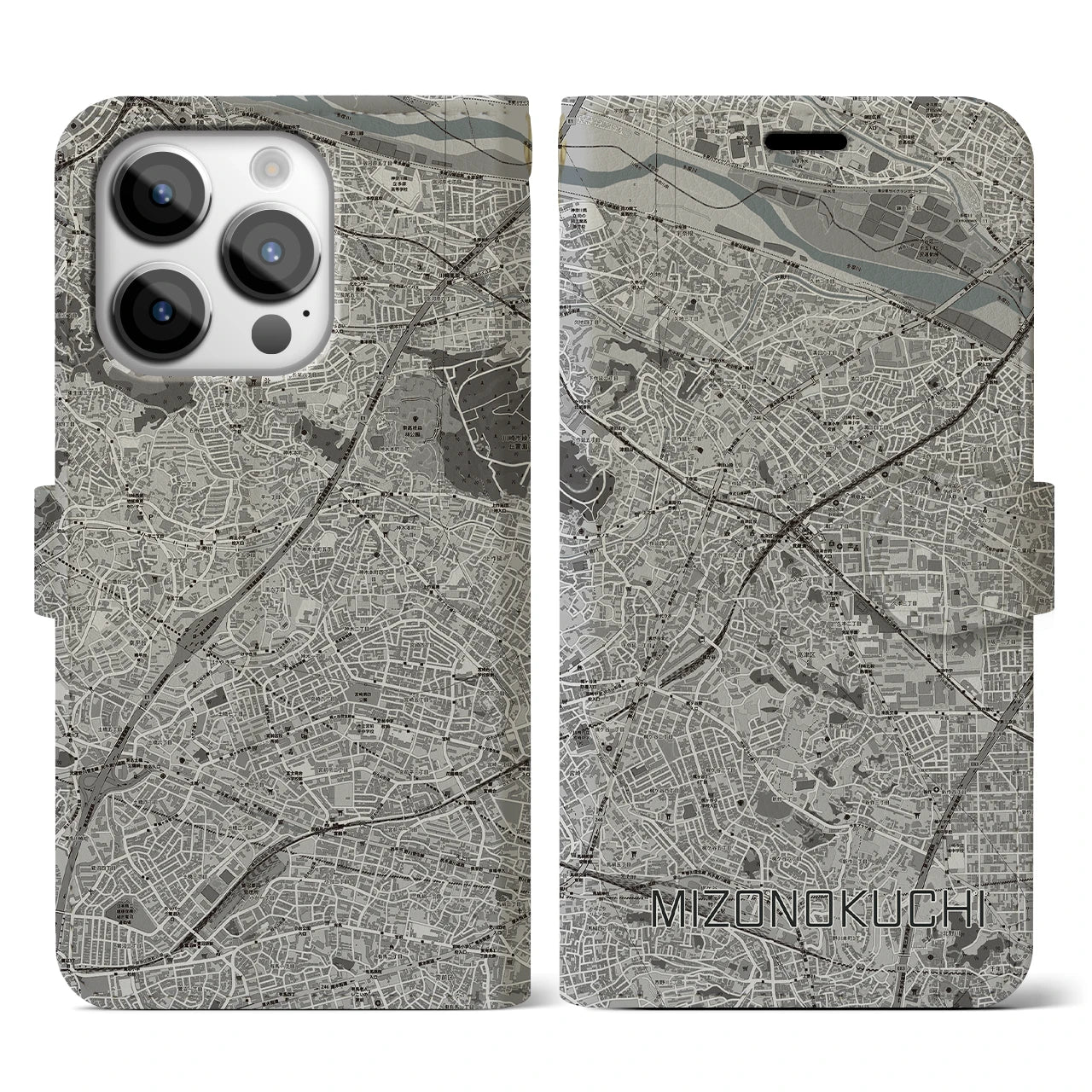 【溝の口】地図柄iPhoneケース（手帳両面タイプ・モノトーン）iPhone 14 Pro 用