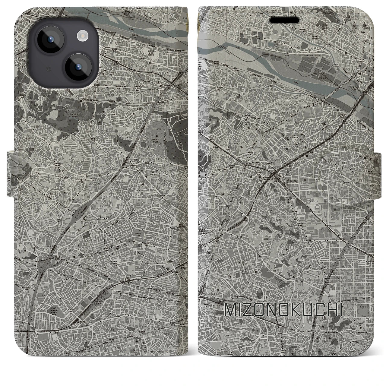 【溝の口】地図柄iPhoneケース（手帳両面タイプ・モノトーン）iPhone 14 Plus 用