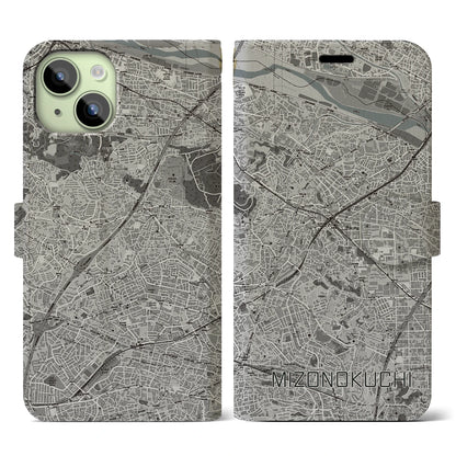 【溝の口（神奈川県）】地図柄iPhoneケース（手帳タイプ）モノトーン・iPhone 15 用