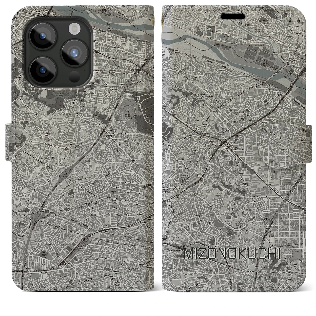 【溝の口】地図柄iPhoneケース（手帳両面タイプ・モノトーン）iPhone 15 Pro Max 用