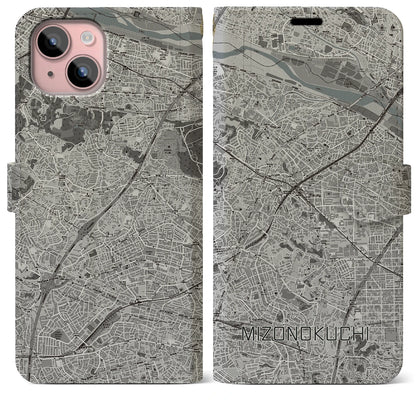 【溝の口（神奈川県）】地図柄iPhoneケース（手帳タイプ）モノトーン・iPhone 15 Plus 用