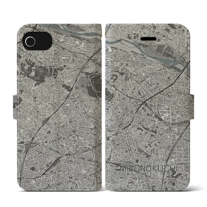 【溝の口（神奈川県）】地図柄iPhoneケース（手帳タイプ）モノトーン・iPhone SE（第3 / 第2世代） / 8 / 7 / 6s / 6 用